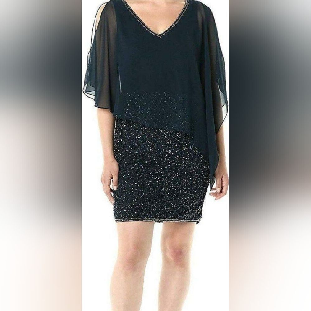 J KARA 10 Navy Asymmetrical Chiffon Overlay Sequin Women's Dress